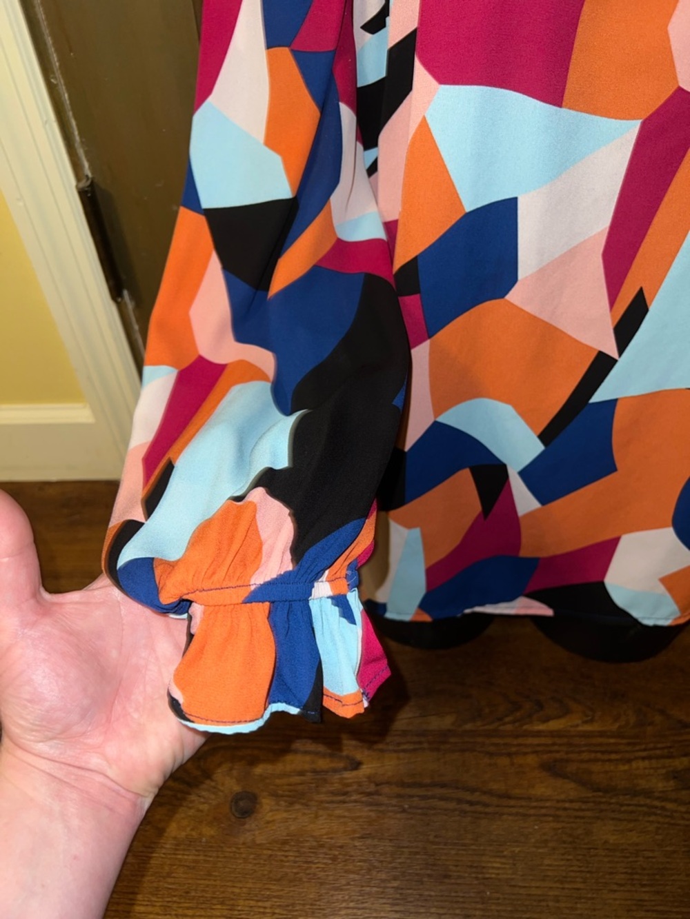 Orange Abstract Retro Multicolor Boho Chic Ruffled Puff Sleeve Blouse Size XL - Picture 7 of 10